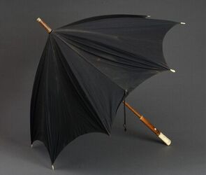 Paraplu met een bruin, verniste houten stok met een handvat met benen knop waarop een gegraveerd m...